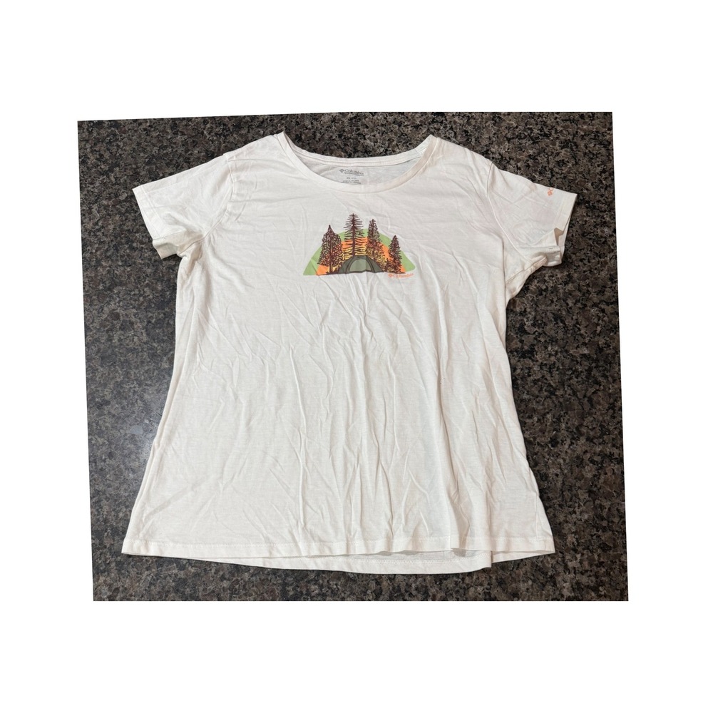 Columbia Womens XL White Graphic T-Shirt Camping Tentβ Pine Trees Short Sleeve